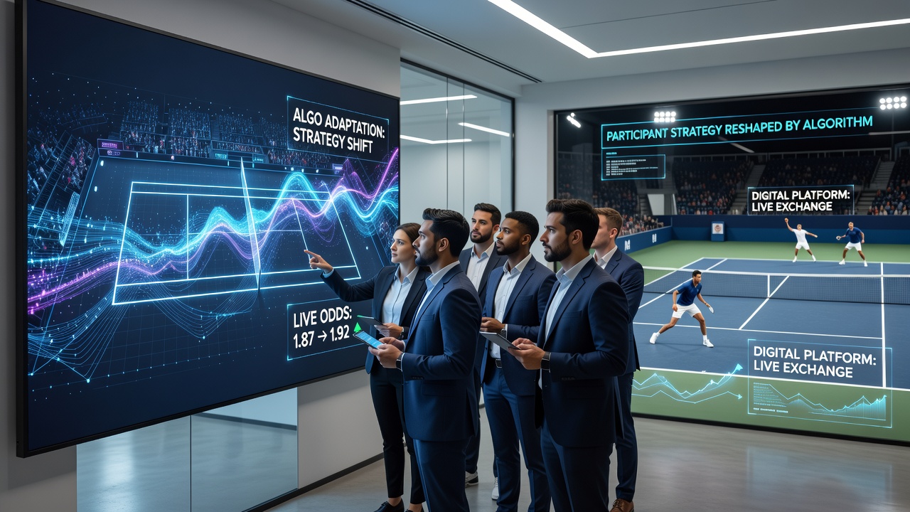 Tennis player in action on court with overlaid data visualization representing real-time algorithmic analysis