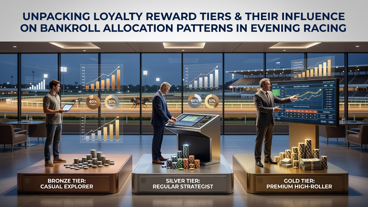 Evening horse racing scene at a circuit with bettors reviewing digital loyalty tier progress on mobile devices near the track
